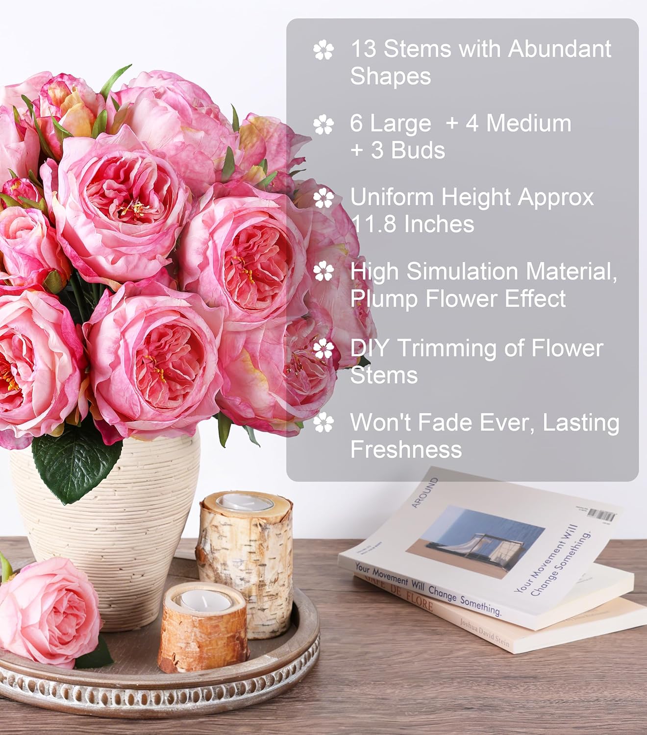 Light Pink Peony Artificial Flowers - 11 Branches Silk Peonies for Vase | Floral Arrangements, Wedding Decor, Living Room Accents (Faux Flowers)