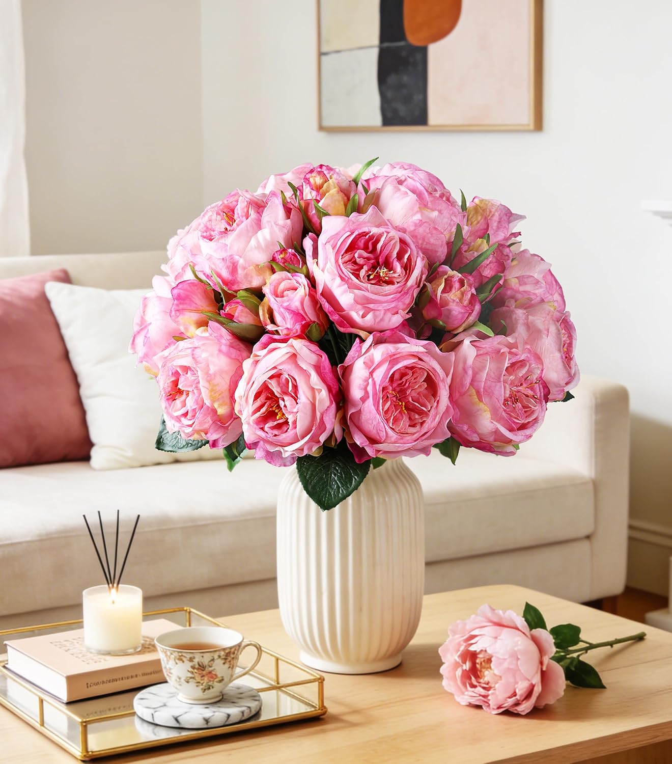 Light Pink Peony Artificial Flowers - 11 Branches Silk Peonies for Vase | Floral Arrangements, Wedding Decor, Living Room Accents (Faux Flowers)