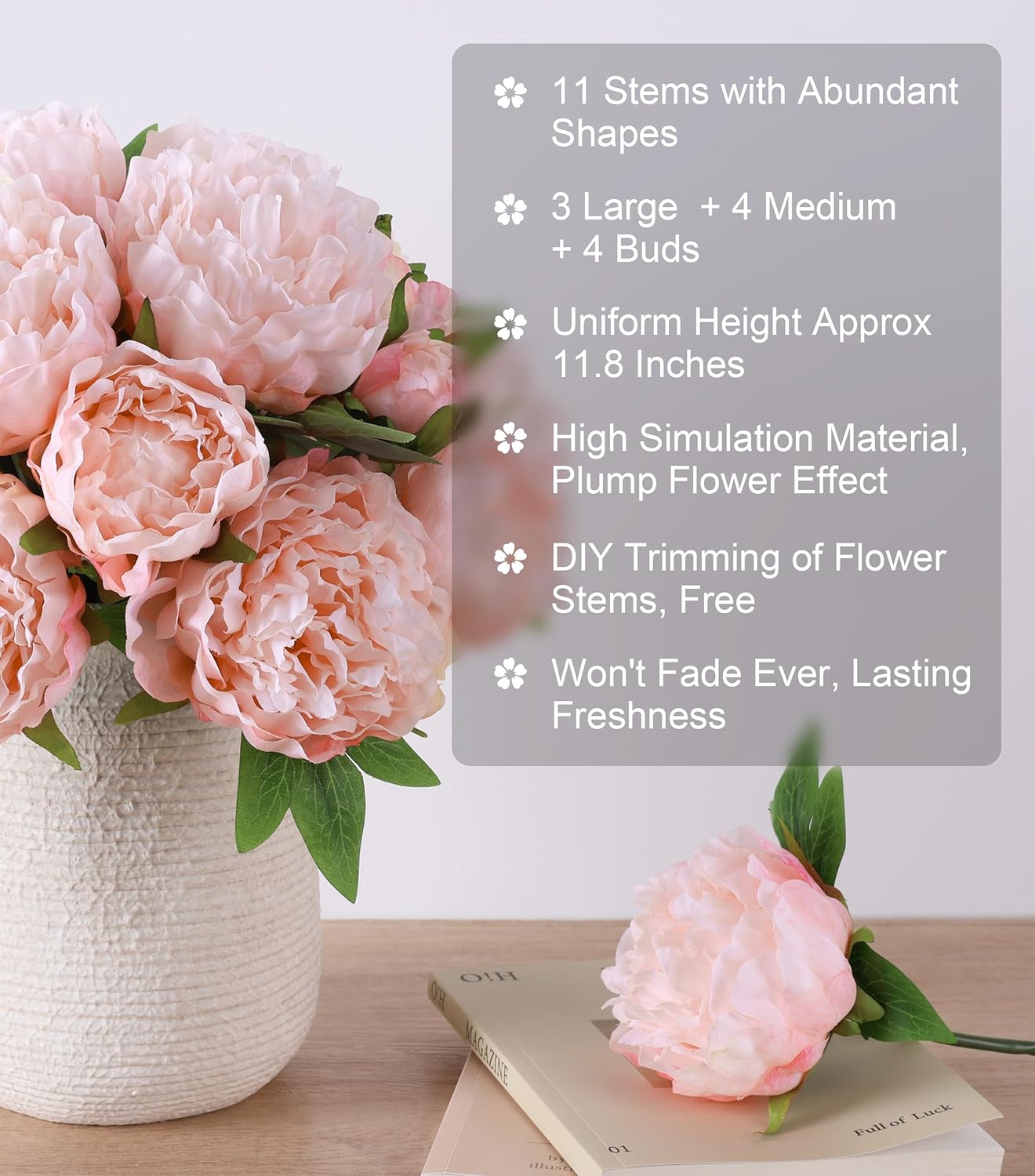 Light Pink Peony Artificial Flowers - 11 Branches Silk Peonies for Vase | Floral Arrangements, Wedding Decor, Living Room Accents (Faux Flowers)