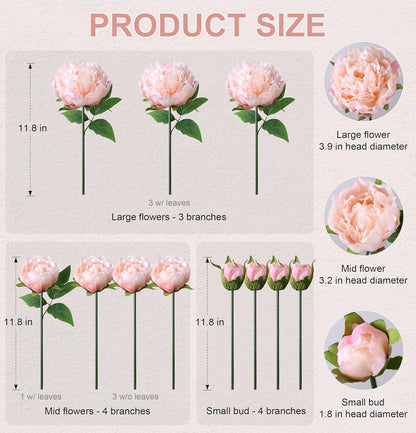 Light Pink Peony Artificial Flowers - 11 Branches Silk Peonies for Vase | Floral Arrangements, Wedding Decor, Living Room Accents (Faux Flowers)