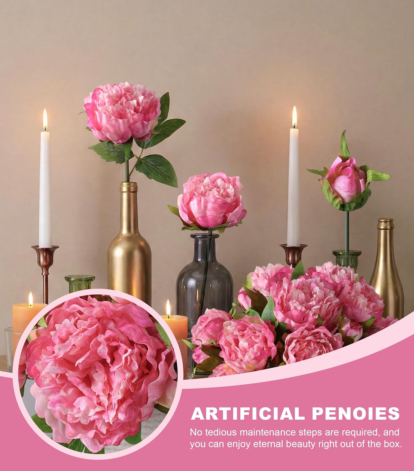 Light Pink Peony Artificial Flowers - 11 Branches Silk Peonies for Vase | Floral Arrangements, Wedding Decor, Living Room Accents (Faux Flowers)