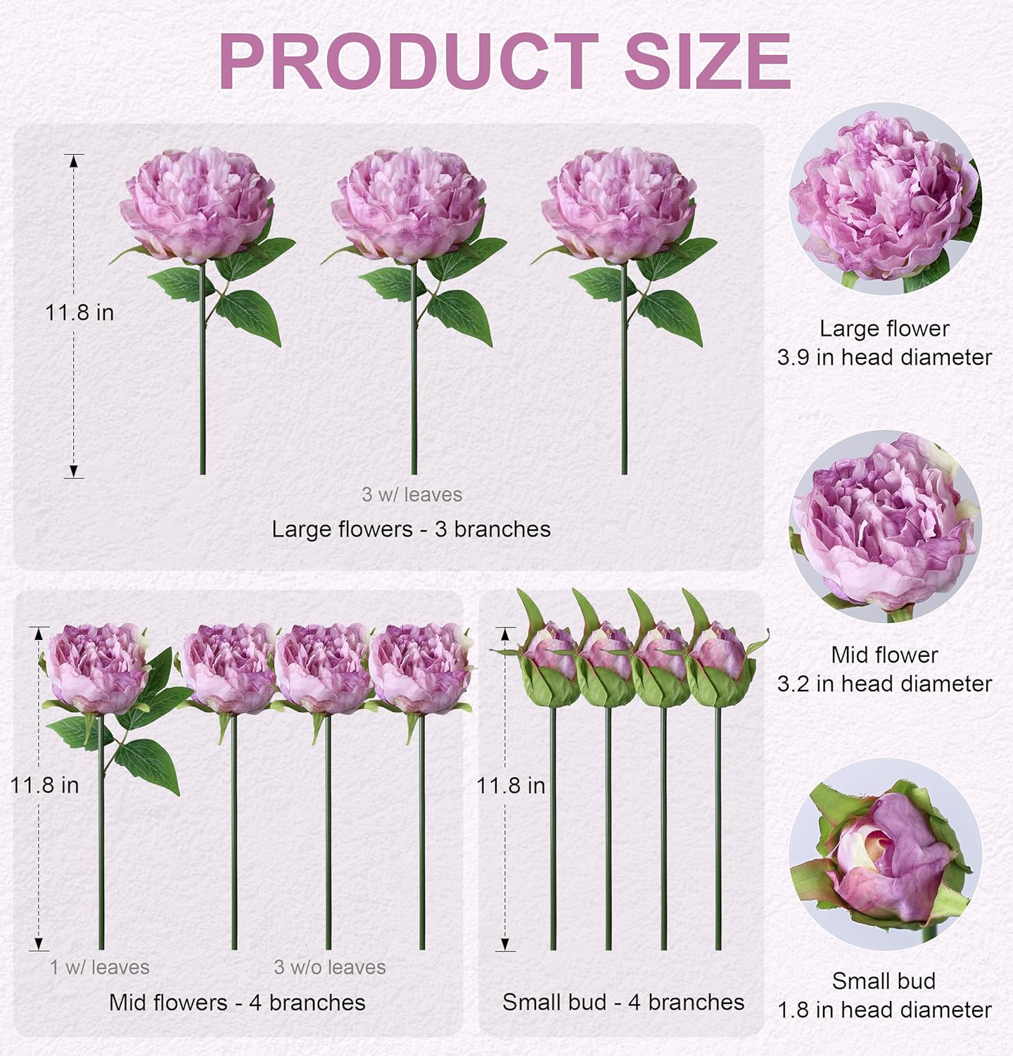 Light Pink Peony Artificial Flowers - 11 Branches Silk Peonies for Vase | Floral Arrangements, Wedding Decor, Living Room Accents (Faux Flowers)