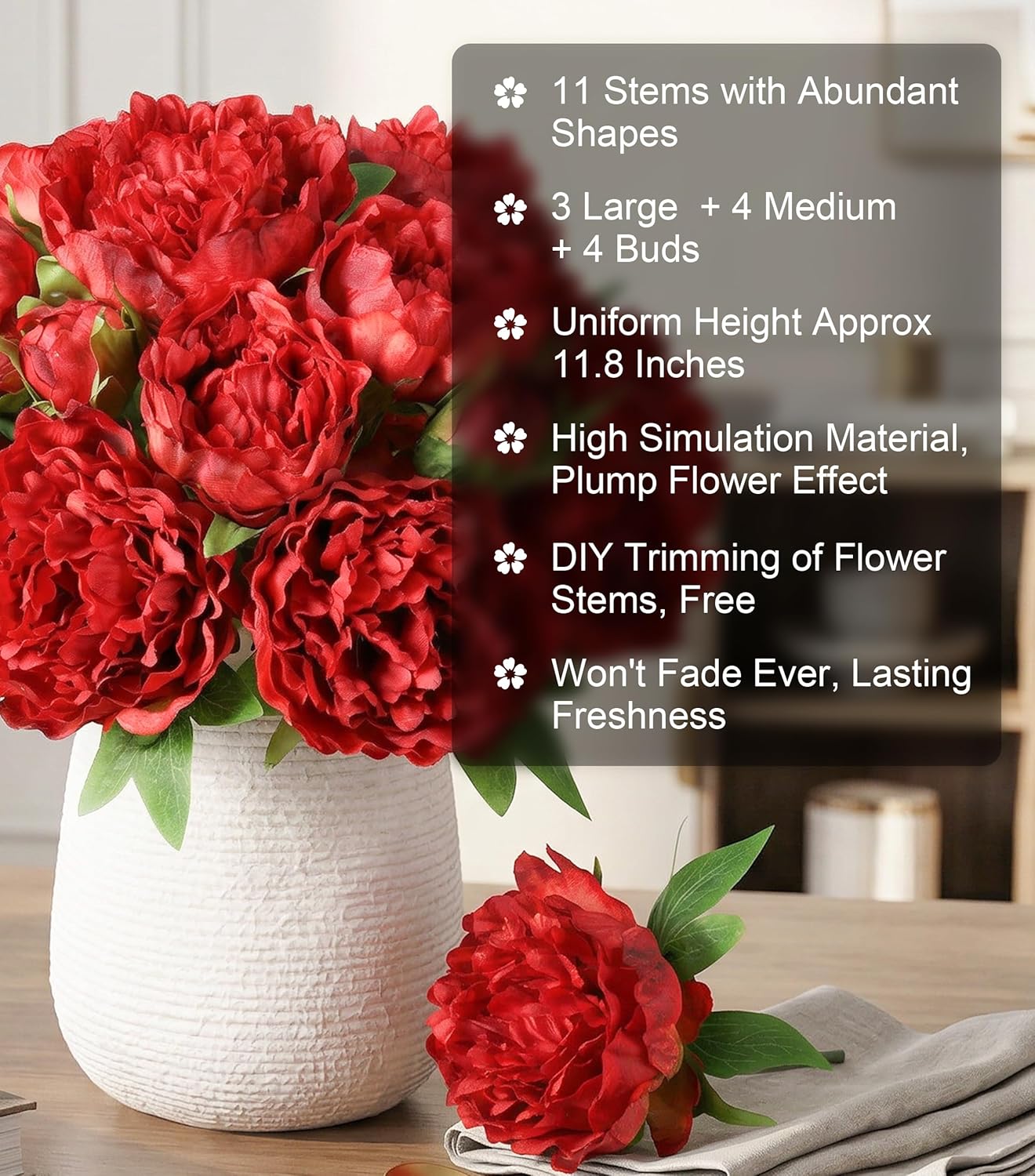Light Pink Peony Artificial Flowers - 11 Branches Silk Peonies for Vase | Floral Arrangements, Wedding Decor, Living Room Accents (Faux Flowers)