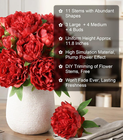 Light Pink Peony Artificial Flowers - 11 Branches Silk Peonies for Vase | Floral Arrangements, Wedding Decor, Living Room Accents (Faux Flowers)