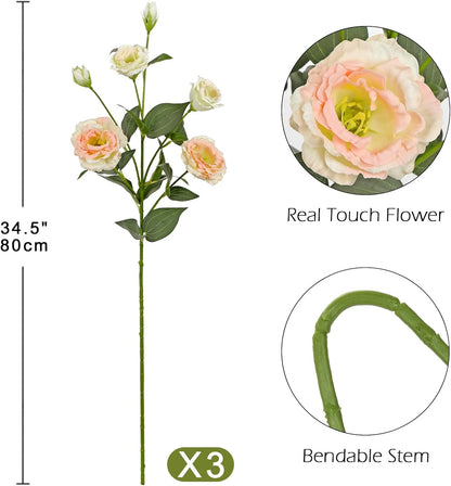 34.5" Purple Artificial Flowers Silk Fake Flower 3Pcs Eustoma Lisianthus Flowers with Long Stem Faux Flowers Arrangement Branch with 4 Heads for DIY Wedding Party Centerpiece Bouquet Table Home Decor