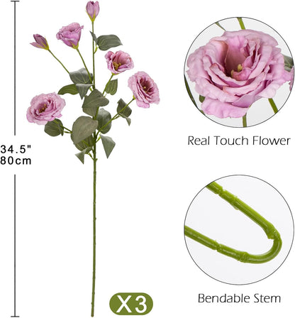 34.5" Purple Artificial Flowers Silk Fake Flower 3Pcs Eustoma Lisianthus Flowers with Long Stem Faux Flowers Arrangement Branch with 4 Heads for DIY Wedding Party Centerpiece Bouquet Table Home Decor
