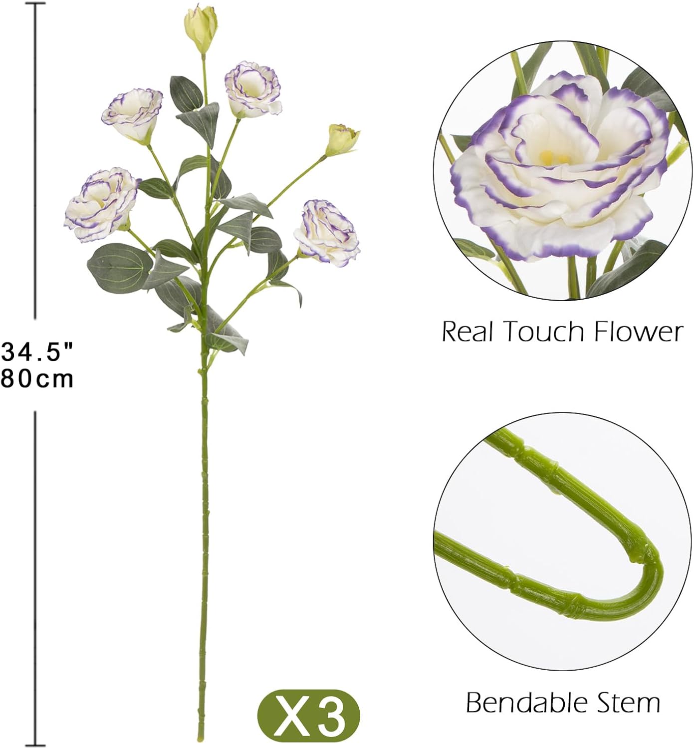 34.5" Purple Artificial Flowers Silk Fake Flower 3Pcs Eustoma Lisianthus Flowers with Long Stem Faux Flowers Arrangement Branch with 4 Heads for DIY Wedding Party Centerpiece Bouquet Table Home Decor