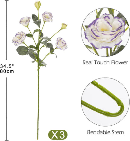 34.5" Purple Artificial Flowers Silk Fake Flower 3Pcs Eustoma Lisianthus Flowers with Long Stem Faux Flowers Arrangement Branch with 4 Heads for DIY Wedding Party Centerpiece Bouquet Table Home Decor