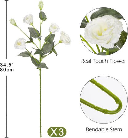 34.5" Purple Artificial Flowers Silk Fake Flower 3Pcs Eustoma Lisianthus Flowers with Long Stem Faux Flowers Arrangement Branch with 4 Heads for DIY Wedding Party Centerpiece Bouquet Table Home Decor