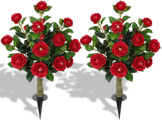 33" Artificial Camellia Tree with Ground Spike, Faux Bushes Plants with Fake Flowers, 2 Pack Realistic Blooming Shrubs for Front Porch Pots, Patio Yard Landscape, Outdoor Garden Walkway Decor, Orange