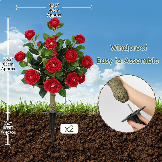 33" Artificial Camellia Tree with Ground Spike, Faux Bushes Plants with Fake Flowers, 2 Pack Realistic Blooming Shrubs for Front Porch Pots, Patio Yard Landscape, Outdoor Garden Walkway Decor, Orange