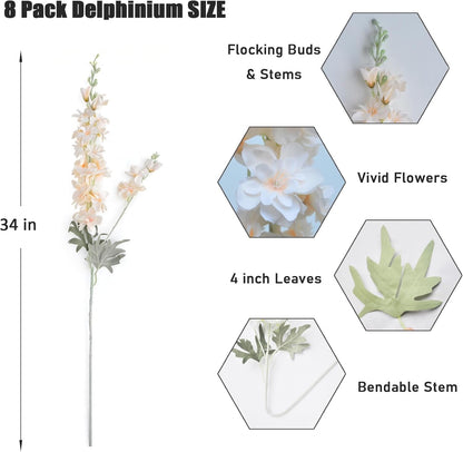 8 pcs Sky Blue Delphinium Artificial Flowers for Tall Vase, 34" Long Fake Snap Dragons Flower, Larkspur Silk Flowers with Bendable Flocking Stem Coastal Farmhouse Home Decor (Sky Blue)