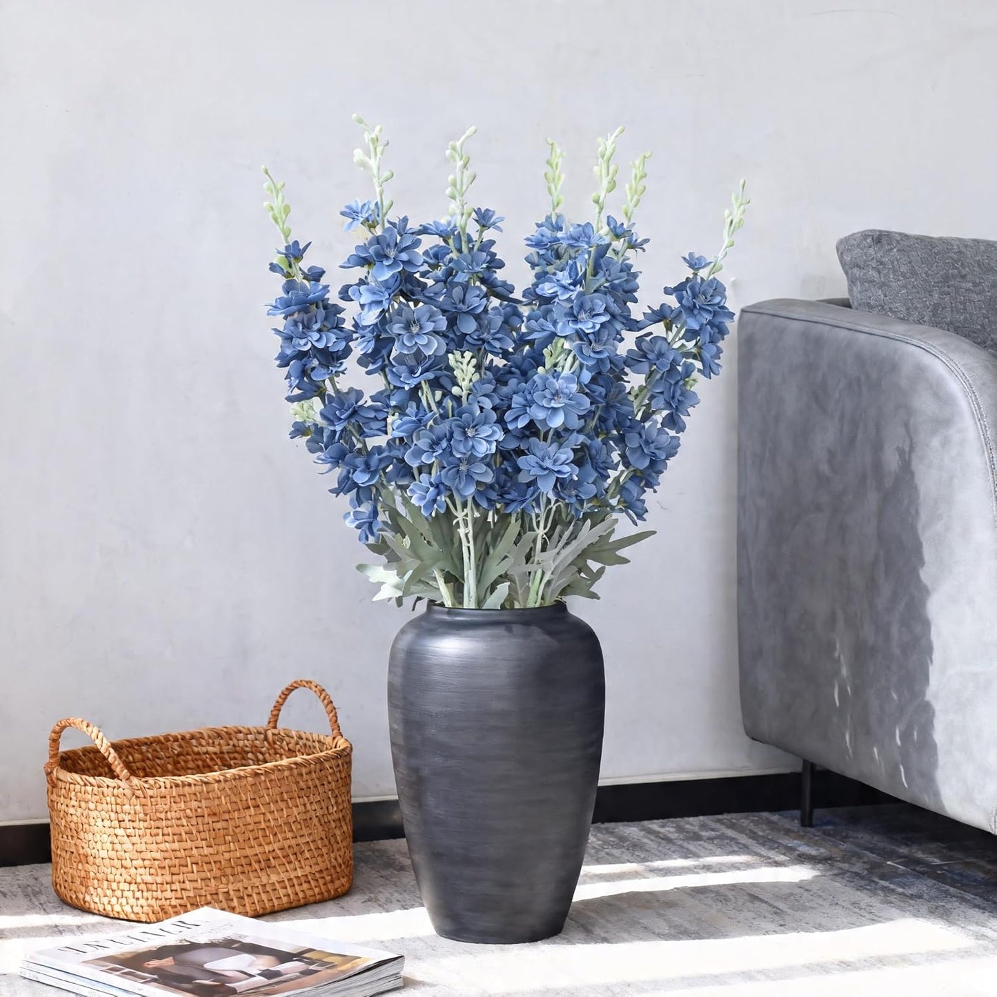 8 pcs Sky Blue Delphinium Artificial Flowers for Tall Vase, 34" Long Fake Snap Dragons Flower, Larkspur Silk Flowers with Bendable Flocking Stem Coastal Farmhouse Home Decor (Sky Blue)