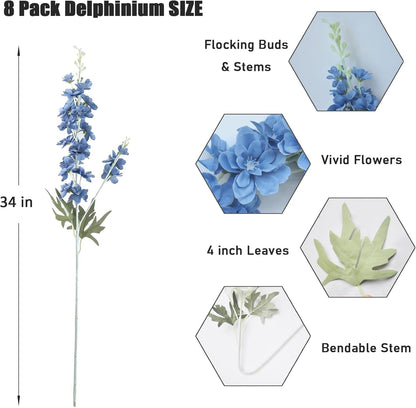 8 pcs Sky Blue Delphinium Artificial Flowers for Tall Vase, 34" Long Fake Snap Dragons Flower, Larkspur Silk Flowers with Bendable Flocking Stem Coastal Farmhouse Home Decor (Sky Blue)