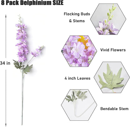 8 pcs Sky Blue Delphinium Artificial Flowers for Tall Vase, 34" Long Fake Snap Dragons Flower, Larkspur Silk Flowers with Bendable Flocking Stem Coastal Farmhouse Home Decor (Sky Blue)