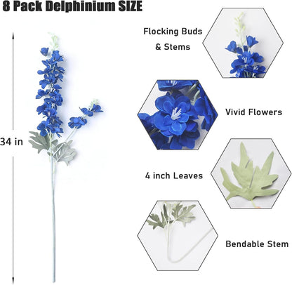 8 pcs Sky Blue Delphinium Artificial Flowers for Tall Vase, 34" Long Fake Snap Dragons Flower, Larkspur Silk Flowers with Bendable Flocking Stem Coastal Farmhouse Home Decor (Sky Blue)