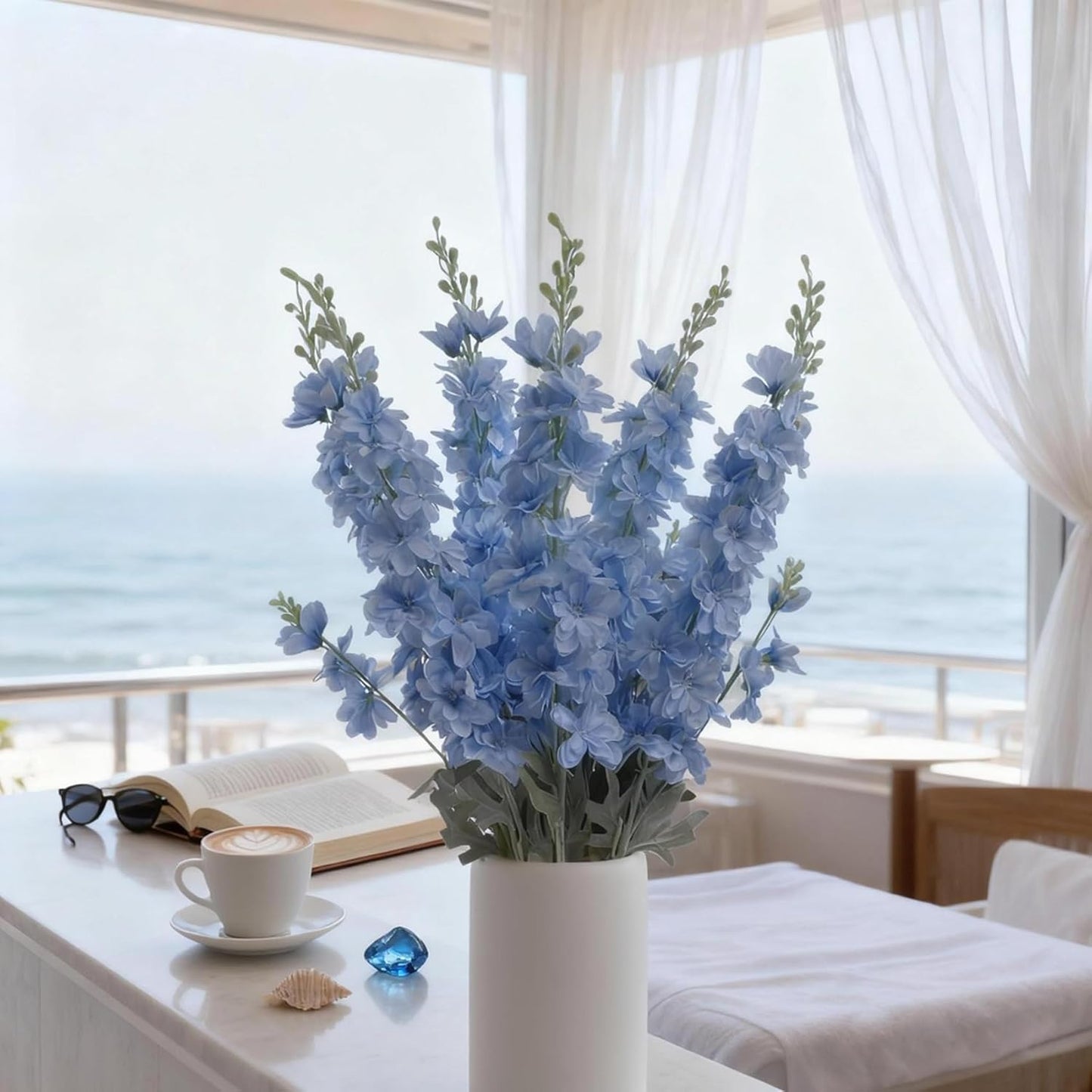 8 pcs Sky Blue Delphinium Artificial Flowers for Tall Vase, 34" Long Fake Snap Dragons Flower, Larkspur Silk Flowers with Bendable Flocking Stem Coastal Farmhouse Home Decor (Sky Blue)