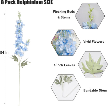 8 pcs Sky Blue Delphinium Artificial Flowers for Tall Vase, 34" Long Fake Snap Dragons Flower, Larkspur Silk Flowers with Bendable Flocking Stem Coastal Farmhouse Home Decor (Sky Blue)
