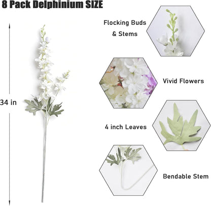 8 pcs Sky Blue Delphinium Artificial Flowers for Tall Vase, 34" Long Fake Snap Dragons Flower, Larkspur Silk Flowers with Bendable Flocking Stem Coastal Farmhouse Home Decor (Sky Blue)