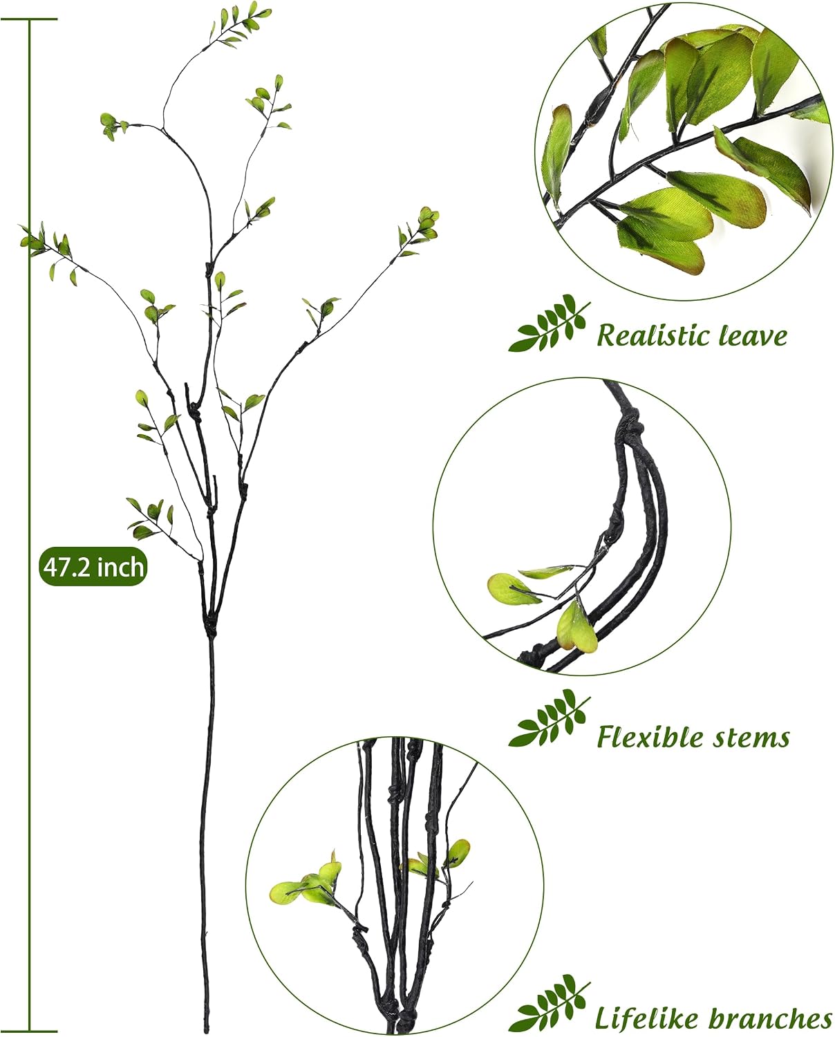 3 Packs Artificial Ficus Branches Faux Eucalyptus Stems, 47.2'' Tall Green Stems Realistic Ficus Twig for Vase Filler Home Wedding Office Decor