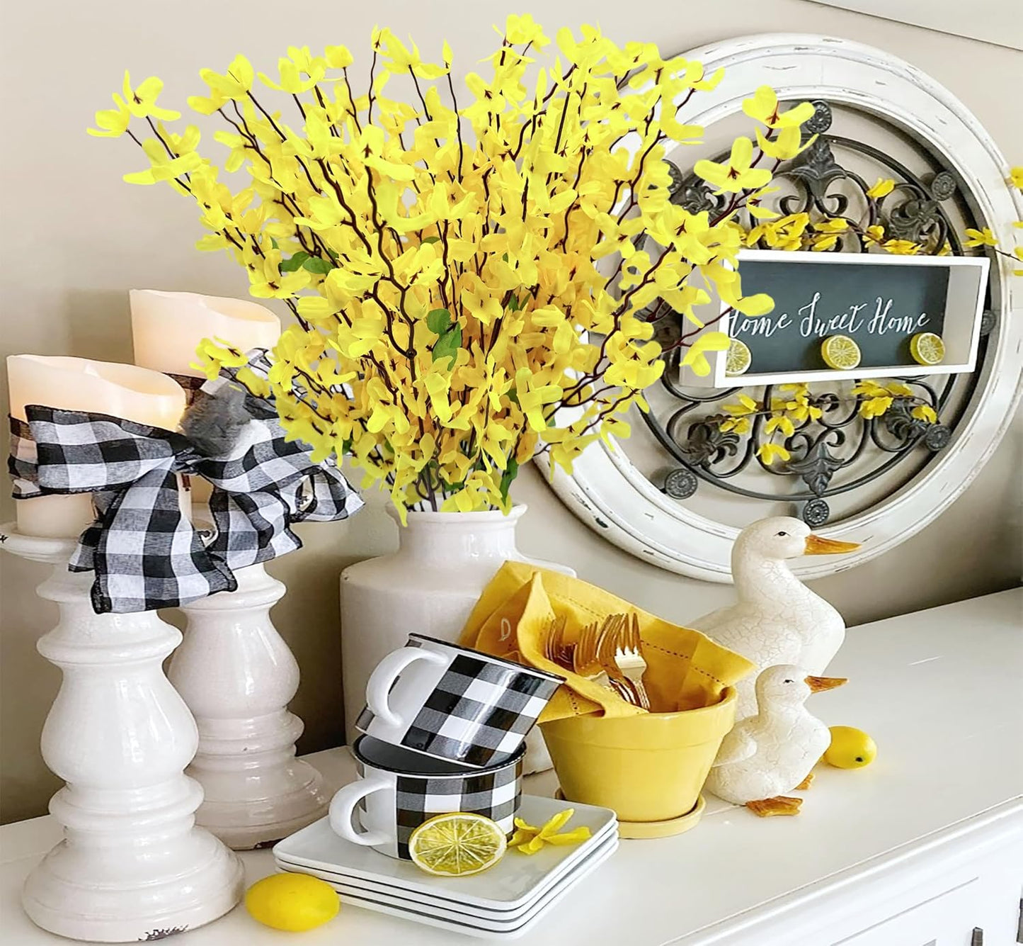 FERIAL3Pcs Artificial Forsythia Flower Branches Spring Summer Yellow Silk Fake Winter Jasmine Artificial Orchids Long Stem 41 Inch for DIY Floral Arrangement Wedding Party Home Office Decorate