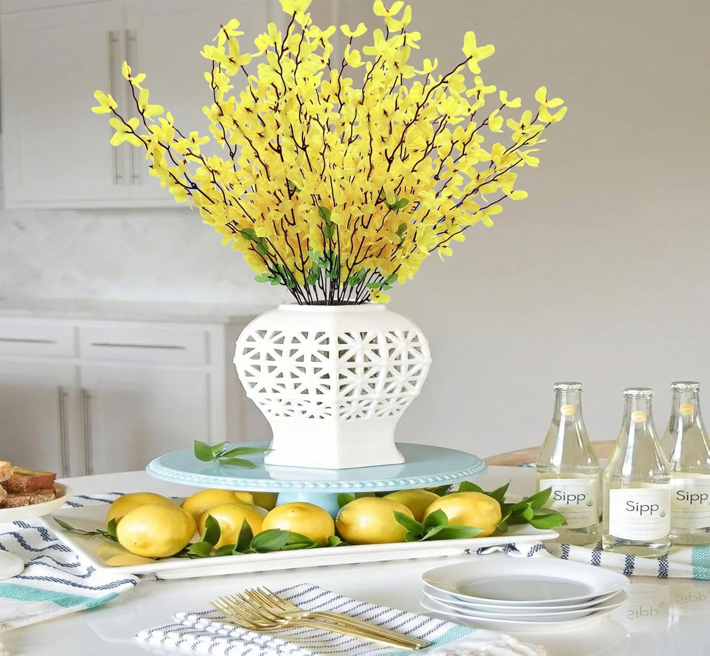 FERIAL3Pcs Artificial Forsythia Flower Branches Spring Summer Yellow Silk Fake Winter Jasmine Artificial Orchids Long Stem 41 Inch for DIY Floral Arrangement Wedding Party Home Office Decorate