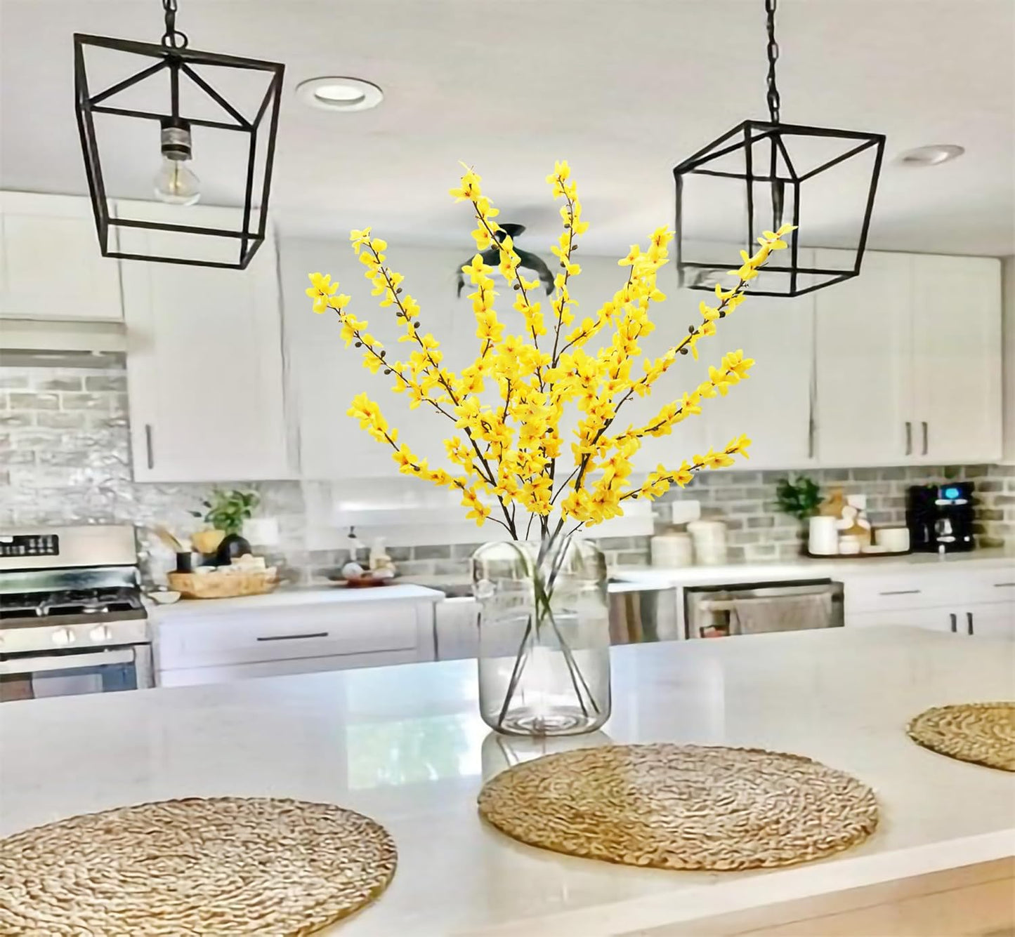 FERIAL3Pcs Artificial Forsythia Flower Branches Spring Summer Yellow Silk Fake Winter Jasmine Artificial Orchids Long Stem 41 Inch for DIY Floral Arrangement Wedding Party Home Office Decorate