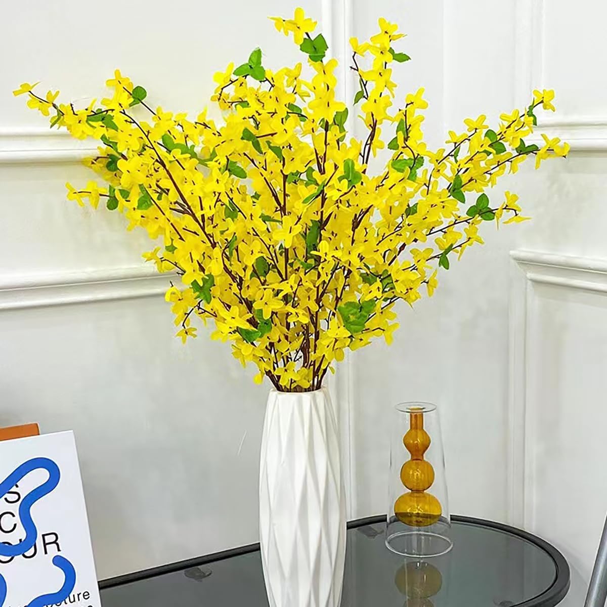 FERIAL3Pcs Artificial Forsythia Flower Branches Spring Summer Yellow Silk Fake Winter Jasmine Artificial Orchids Long Stem 41 Inch for DIY Floral Arrangement Wedding Party Home Office Decorate