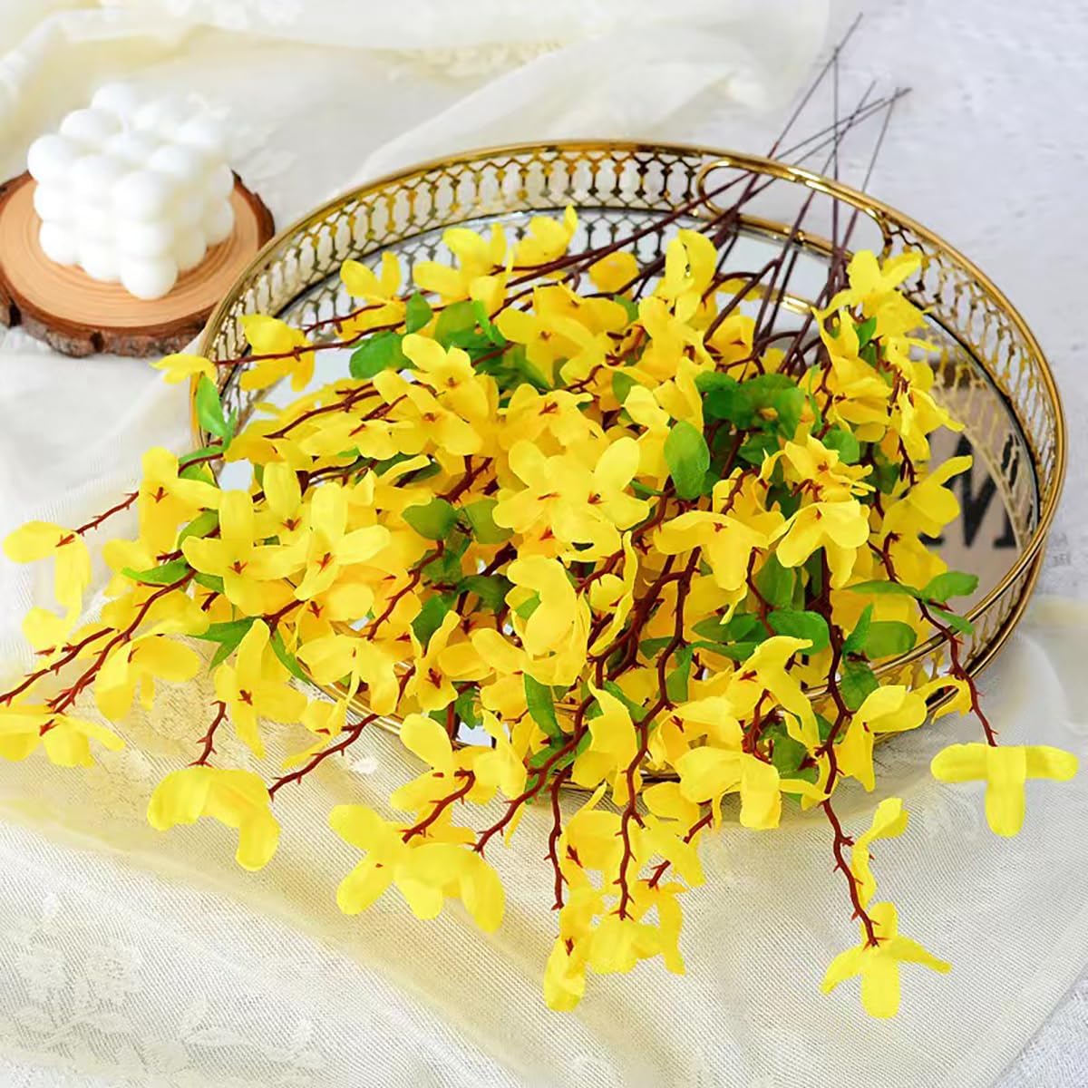 FERIAL3Pcs Artificial Forsythia Flower Branches Spring Summer Yellow Silk Fake Winter Jasmine Artificial Orchids Long Stem 41 Inch for DIY Floral Arrangement Wedding Party Home Office Decorate