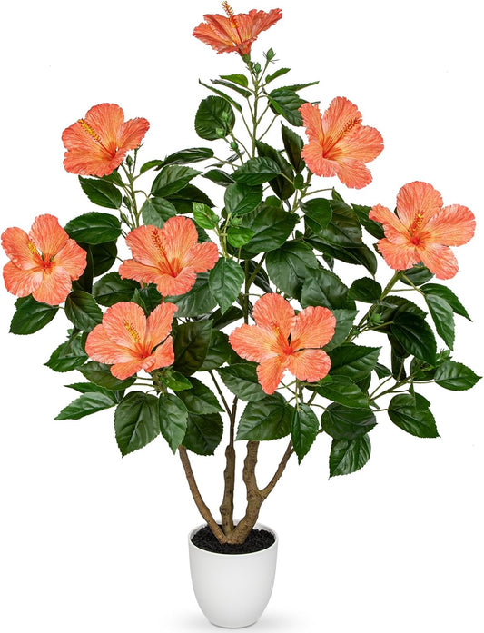 Artificial Hibiscus Tree 2.95ft Tall Real Touch Fake Tree with Orange Flowers Potted Faux Plant Indoor Realistic Floor Plants for Front Porch Outdoor Home, Patio Decor