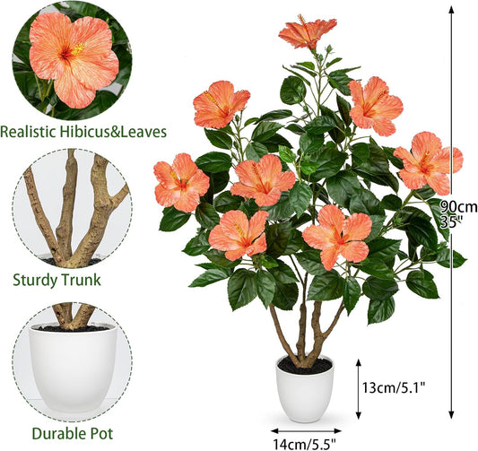 Artificial Hibiscus Tree 2.95ft Tall Real Touch Fake Tree with Orange Flowers Potted Faux Plant Indoor Realistic Floor Plants for Front Porch Outdoor Home, Patio Decor