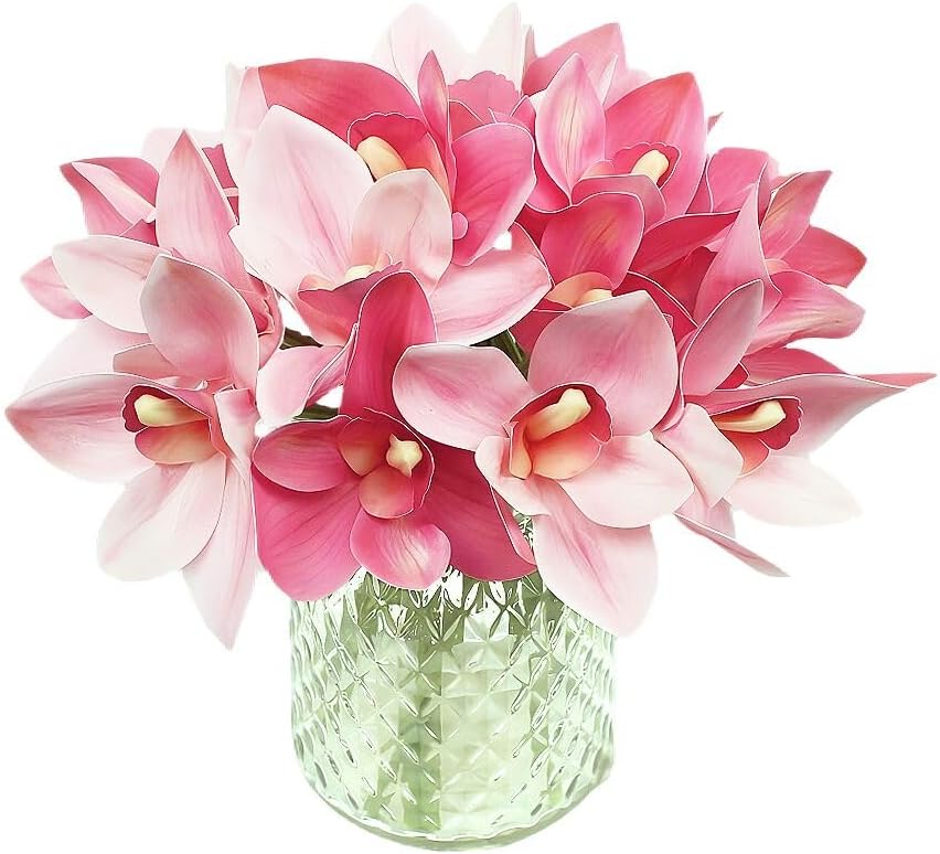 20Pcs Real Touch Artificial Fake Plants Silk Cymbidium Orchid Flowers Arrangements Wedding Bouquets Decorations Floral Table Centerpieces Home Kitchen Garden Party(Light Pink)