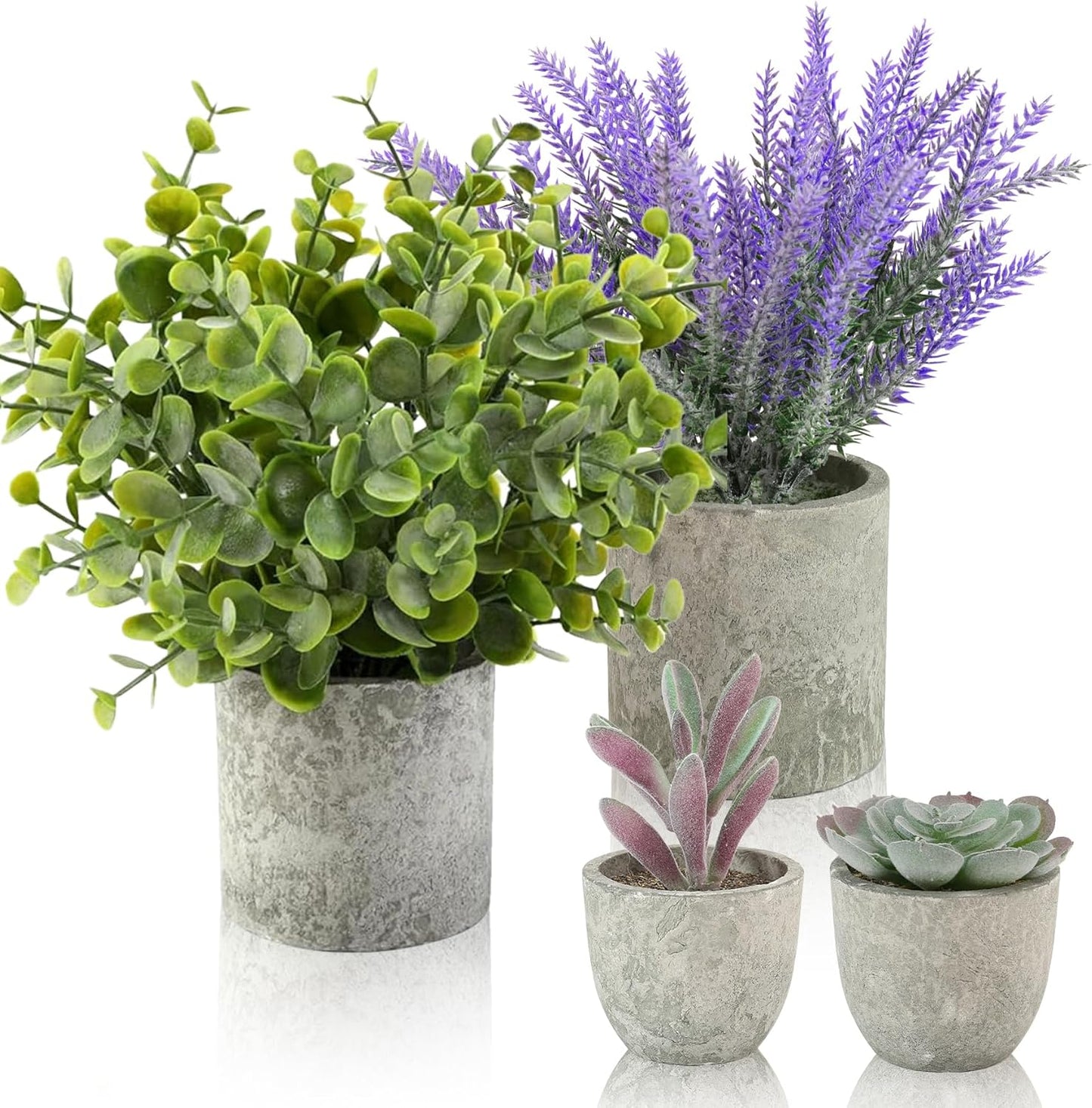 4 Pack Small Fake Plants, 10" Artificial Plants Indoor Eucalyptus/Rosemary/Succulents, Small Faux Plants in Pulp Pot,for Farmhouse Decor, for Bathroom Bedroom Kitchen Office Living Room Decor