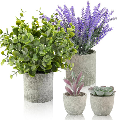 4 Pack Small Fake Plants, 10" Artificial Plants Indoor Eucalyptus/Rosemary/Succulents, Small Faux Plants in Pulp Pot,for Farmhouse Decor, for Bathroom Bedroom Kitchen Office Living Room Decor