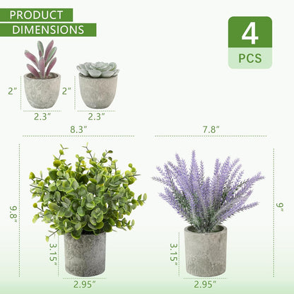4 Pack Small Fake Plants, 10" Artificial Plants Indoor Eucalyptus/Rosemary/Succulents, Small Faux Plants in Pulp Pot,for Farmhouse Decor, for Bathroom Bedroom Kitchen Office Living Room Decor