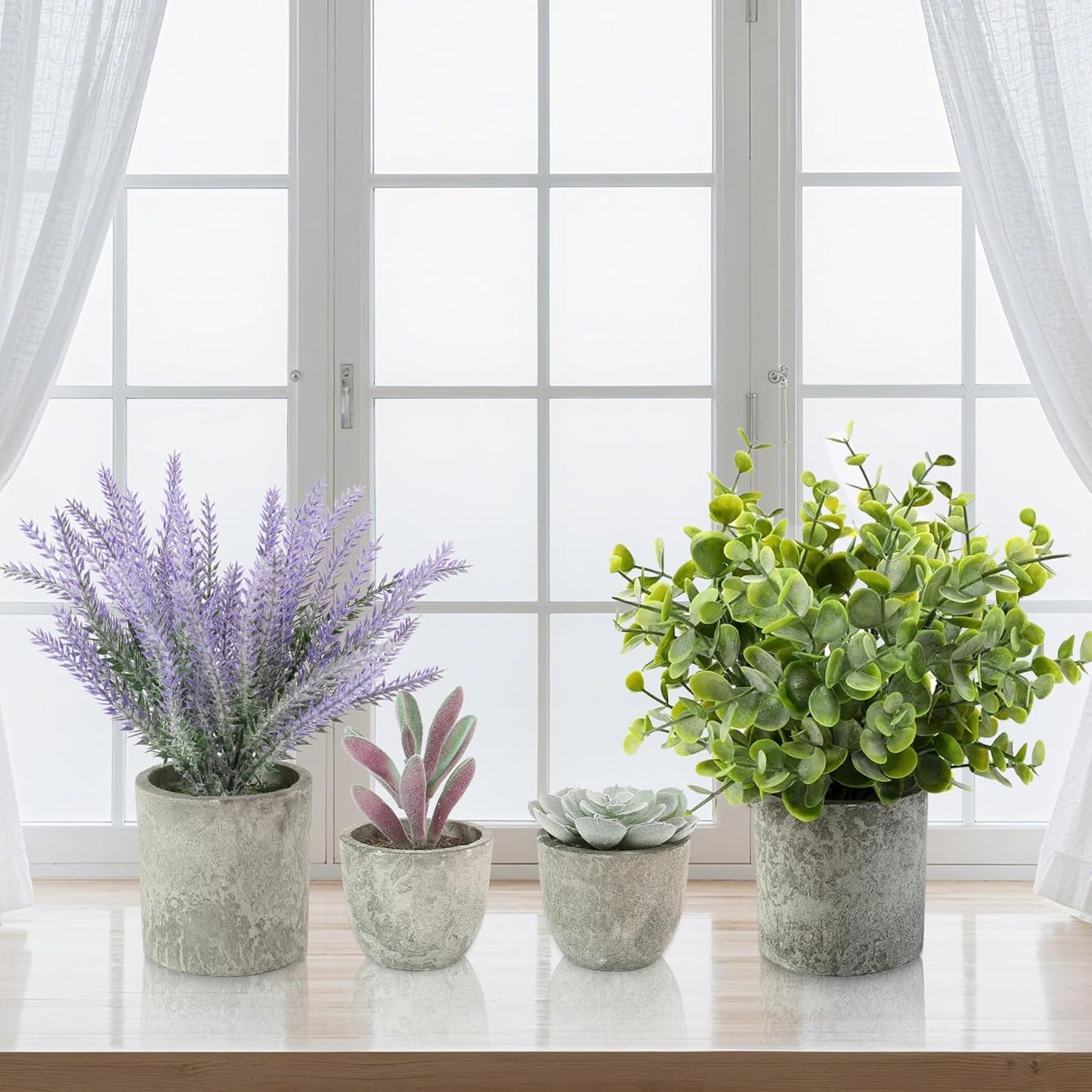 4 Pack Small Fake Plants, 10" Artificial Plants Indoor Eucalyptus/Rosemary/Succulents, Small Faux Plants in Pulp Pot,for Farmhouse Decor, for Bathroom Bedroom Kitchen Office Living Room Decor