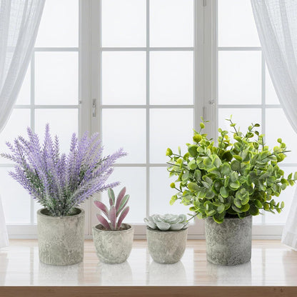 4 Pack Small Fake Plants, 10" Artificial Plants Indoor Eucalyptus/Rosemary/Succulents, Small Faux Plants in Pulp Pot,for Farmhouse Decor, for Bathroom Bedroom Kitchen Office Living Room Decor