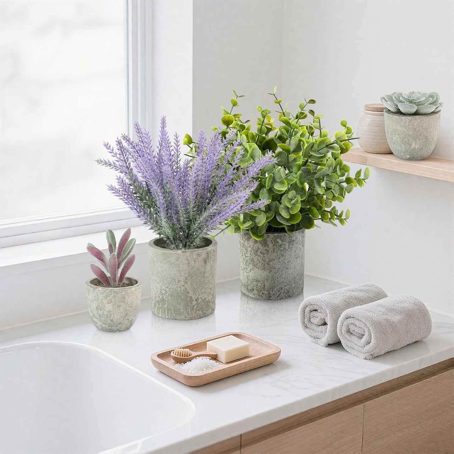 4 Pack Small Fake Plants, 10" Artificial Plants Indoor Eucalyptus/Rosemary/Succulents, Small Faux Plants in Pulp Pot,for Farmhouse Decor, for Bathroom Bedroom Kitchen Office Living Room Decor