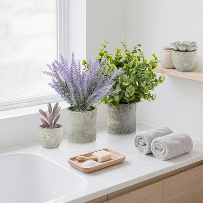4 Pack Small Fake Plants, 10" Artificial Plants Indoor Eucalyptus/Rosemary/Succulents, Small Faux Plants in Pulp Pot,for Farmhouse Decor, for Bathroom Bedroom Kitchen Office Living Room Decor
