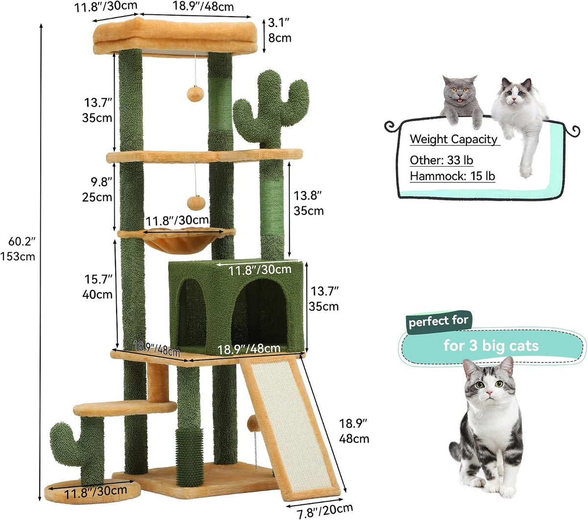 60in Cactus Cat Tree: Multi-Level Tall Kitty Tower Indoor