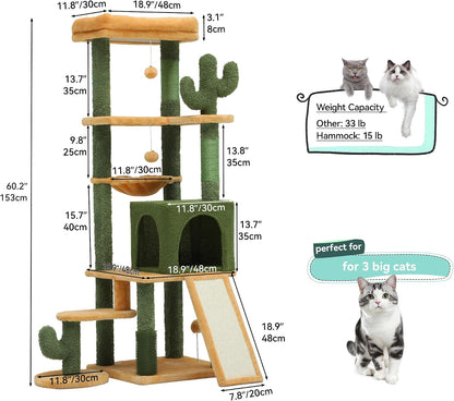 60in Cactus Cat Tree: Multi-Level Tall Kitty Tower Indoor