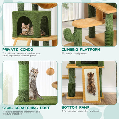 60in Cactus Cat Tree: Multi-Level Tall Kitty Tower Indoor