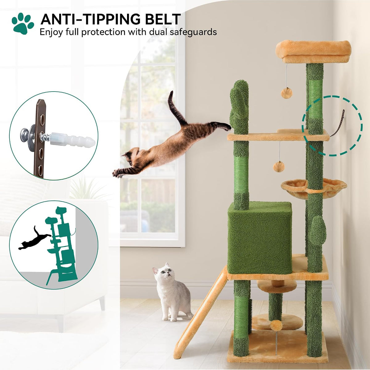 60in Cactus Cat Tree: Multi-Level Tall Kitty Tower Indoor