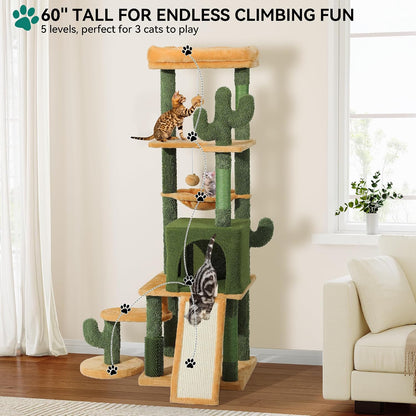 60in Cactus Cat Tree: Multi-Level Tall Kitty Tower Indoor