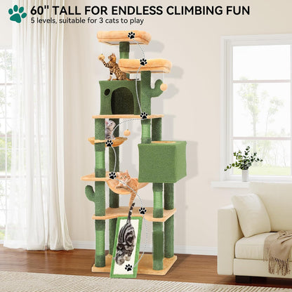 60in Cactus Cat Tree: Multi-Level Tall Kitty Tower Indoor