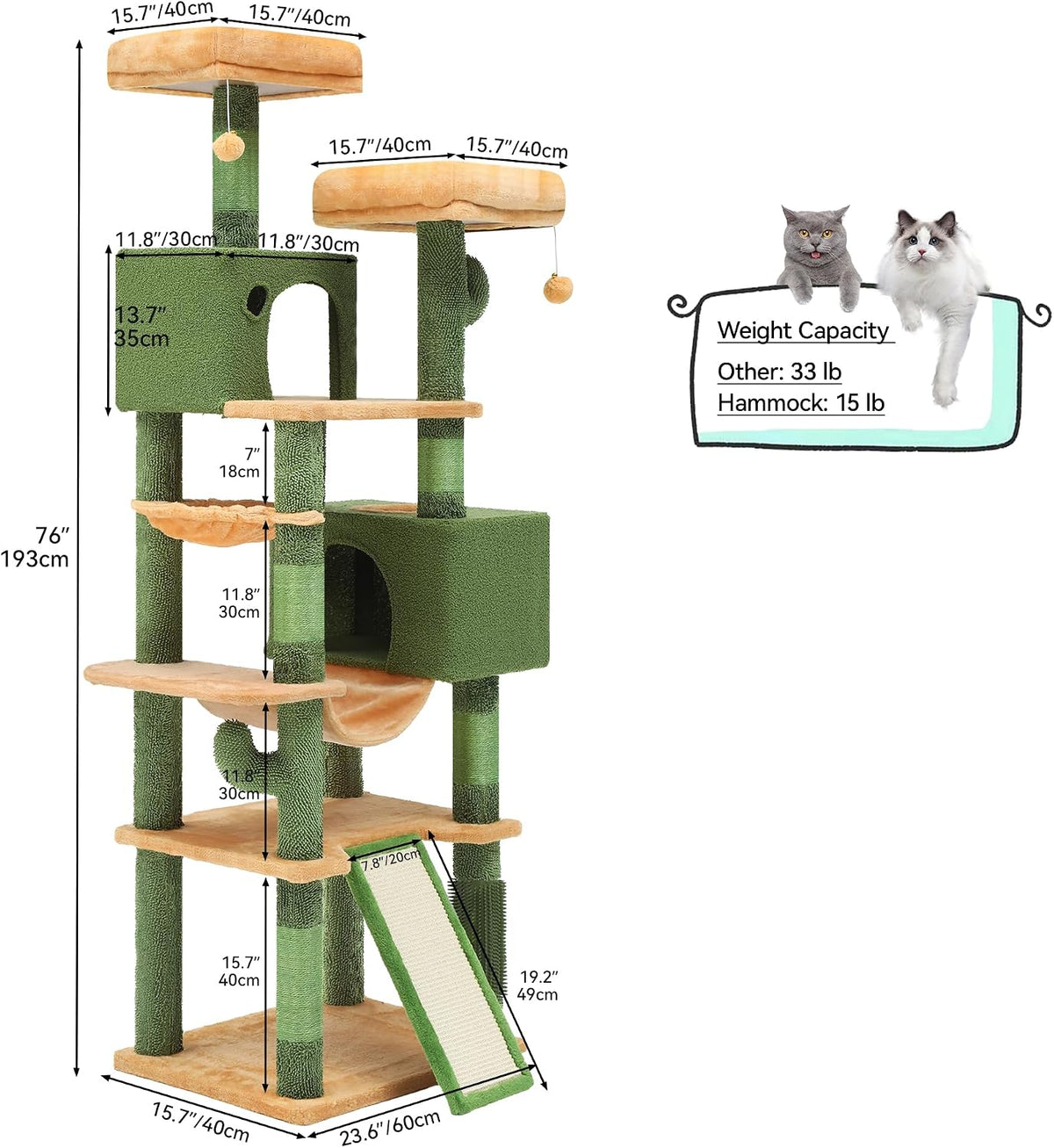 60in Cactus Cat Tree: Multi-Level Tall Kitty Tower Indoor