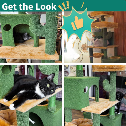 60in Cactus Cat Tree: Multi-Level Tall Kitty Tower Indoor