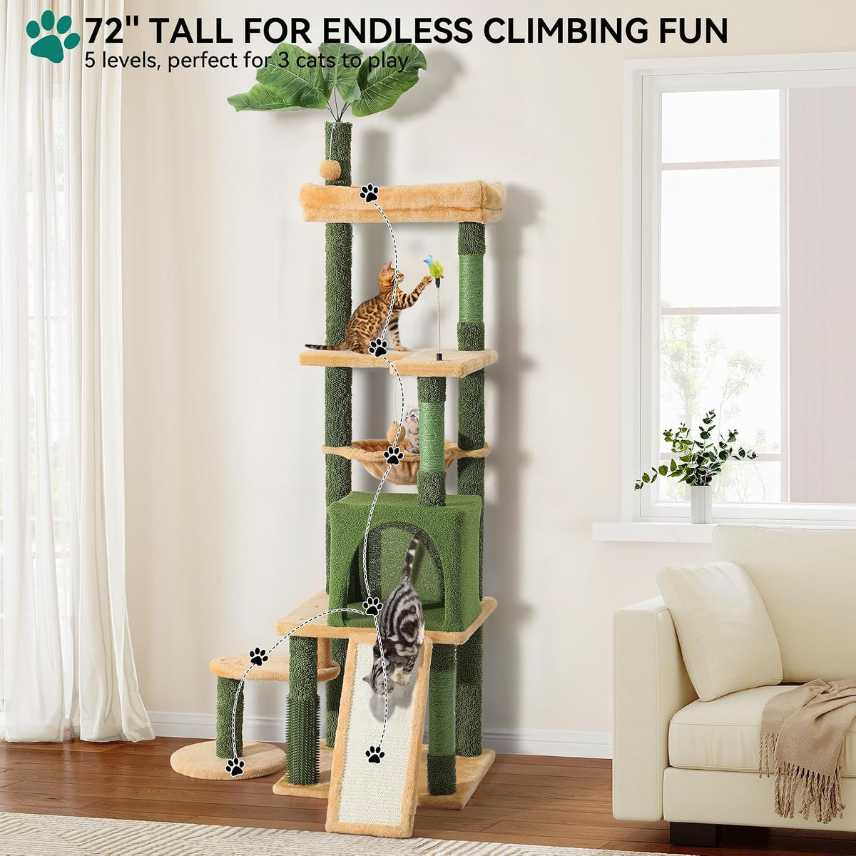 60in Cactus Cat Tree: Multi-Level Tall Kitty Tower Indoor
