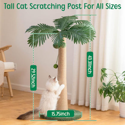43 Inches Tall Cat Scratching Post for Large Cat, Coconut Tree Shaped Sisal Scratcher for Indoor Cat with 3 Pompoms