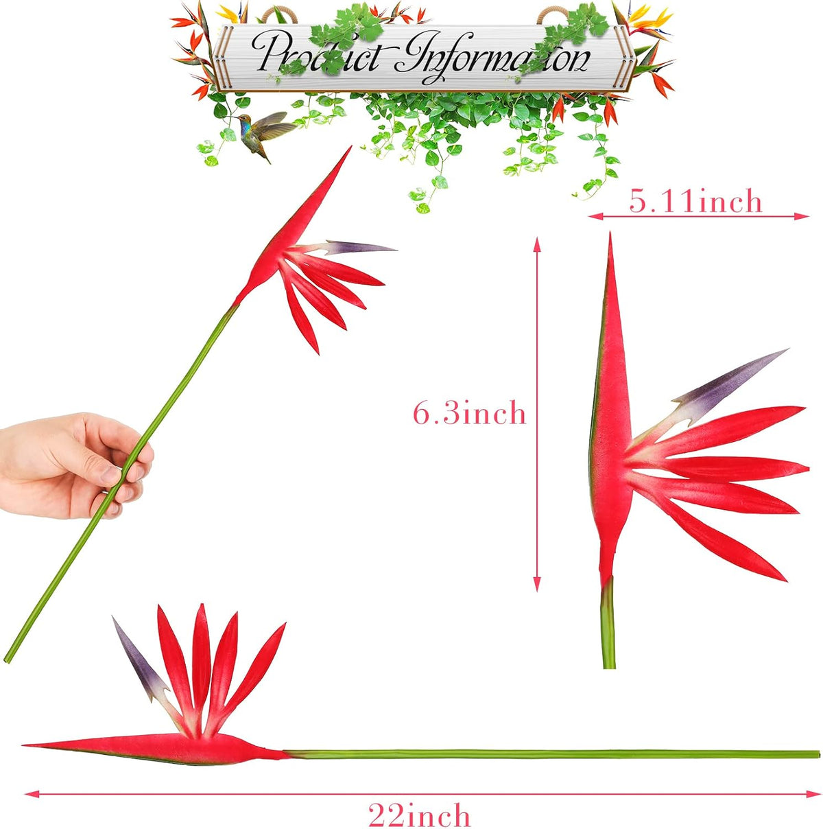 10 Pieces Bird of Paradise Artificial Plant 22 Inch Hawaiian Tropical Flowers Faux Flowers Bouquet Large Elegant Green Plant for Home Garden Decoration Office Wedding Decor Supplies (Red)